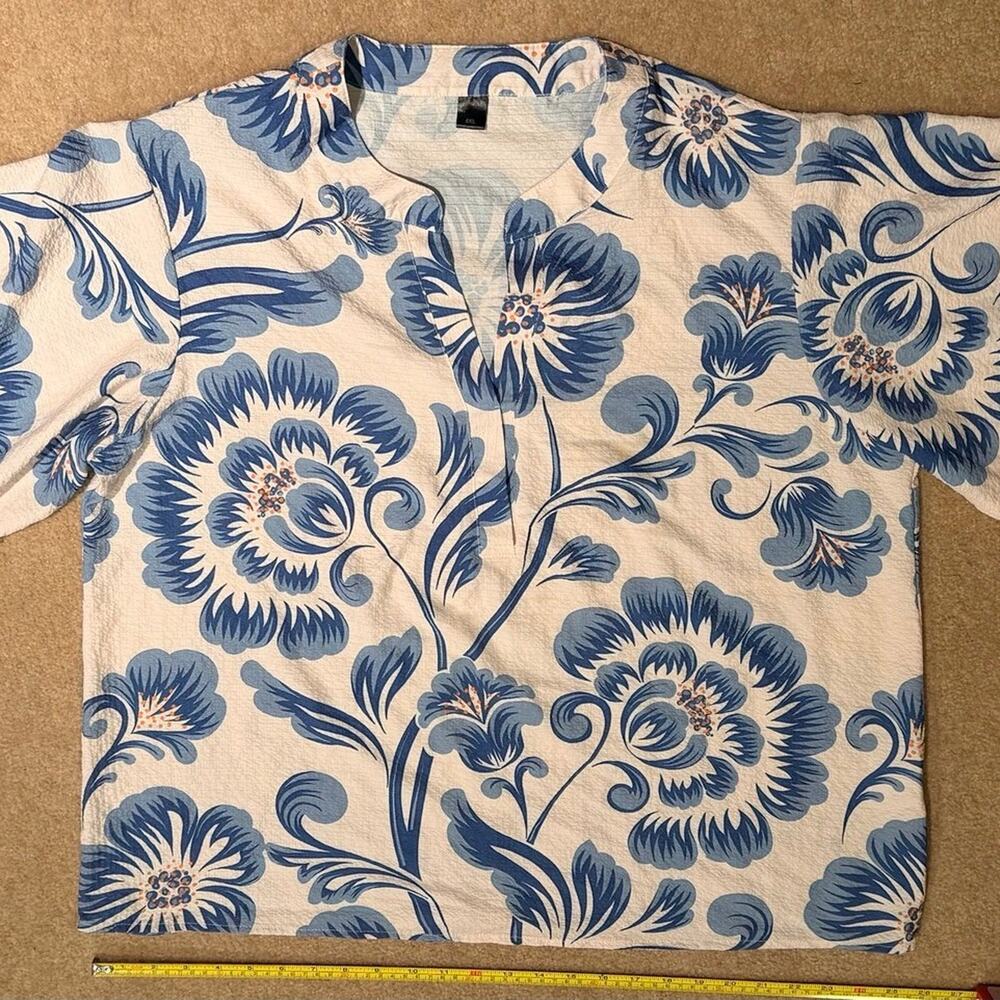 Women's 4XL Blue Floral Bell Sleeve Top Textured V-Neck Pullover Blouse
